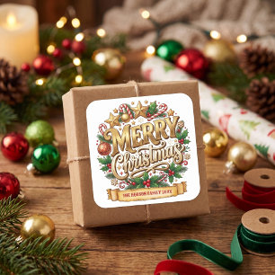 Goldene Retro Fröhliche Weihnachten Familienname Quadratischer Aufkleber