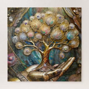 Goldene Robot-Hand, die den goldenen Baum des Lebe