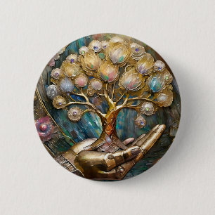 Goldene Robot-Hand, die den goldenen Baum des Lebe Button