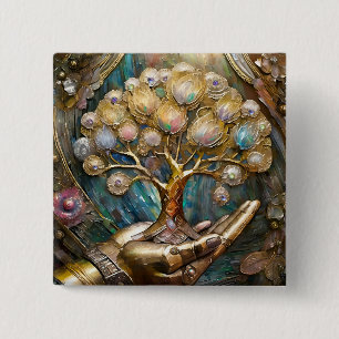 Goldene Robot-Hand, die den goldenen Baum des Lebe Button