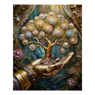 Goldene Robot-Hand, die den goldenen Baum des Lebe Poster