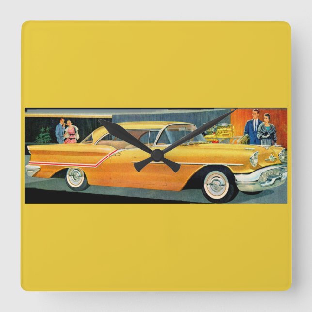 Goldene Rocket 88 Oldsmobile der 50er Jahre Quadratische Wanduhr (Vorderseite)