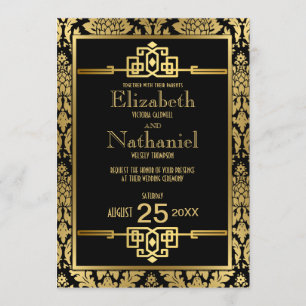Goldene Romantik der 20er Jahre Art Déco Hochzeit  Einladung