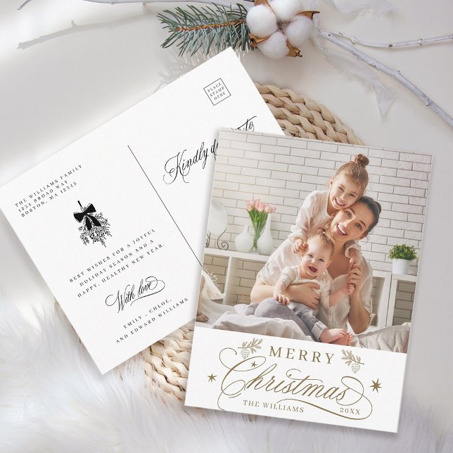 Goldene romantische Kalligrafie Frohe Weihnachtsze Postkarte (Front & Back)