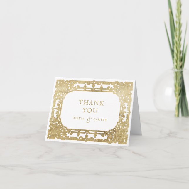 Goldene romantische verzierte Hochzeit Dankeskarte (Vorderseite)