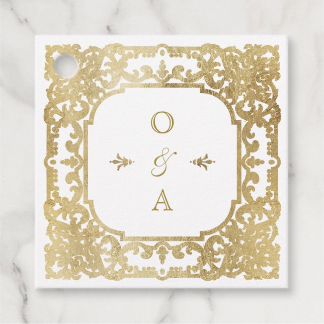 Goldene romantische verzierte Hochzeit Geschenkanhänger (Vorderseite)