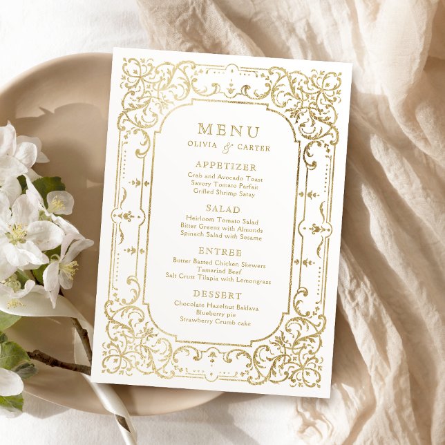 Goldene romantische verzierte Hochzeit Menükarte (Gold elegant romantic ornate vintage wedding menu)