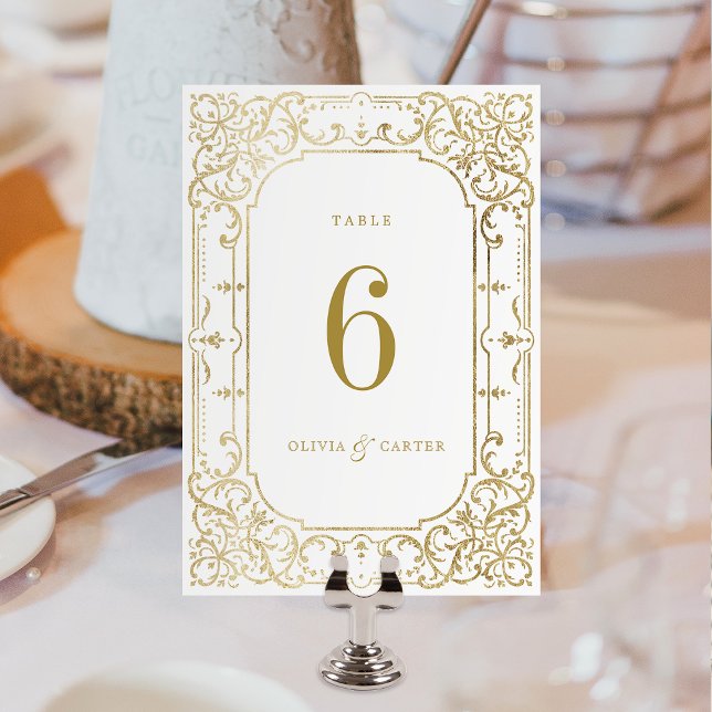 Goldene romantische verzierte Hochzeit Tischnummer (gold elegant romantic ornate vintage wedding table number card)