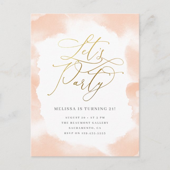 Goldene Rosa-Aquarellen-Geburtstagsparty Einladungspostkarte (Vorderseite)