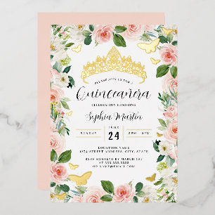 Goldene rosa Blumen-Tiara Schmetterling Quinceaner Folieneinladung