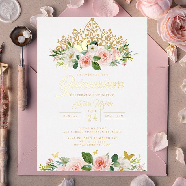 Goldene Rosa Blütenschmetterling Tiara Quinceanera Folieneinladung (Von Creator hochgeladen)