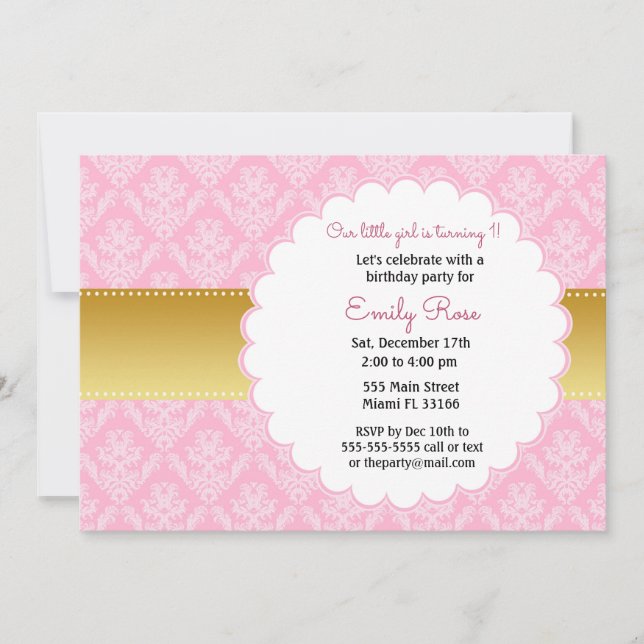 Goldene Rosa Damaske Kindergeburtstag Einladung (Vorderseite)