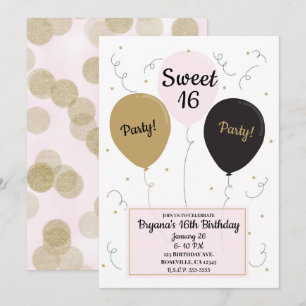 Goldene rosa und schwarze Luftballons süße 16. Geb Einladung