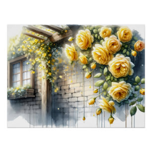 Goldene Rose auf der Rustikalen Steinmauer Hütte Poster