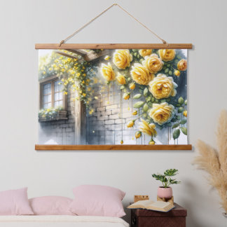 Goldene Rose auf der Rustikalen Steinmauer Hütte Wandteppich Mit Holzrahmen