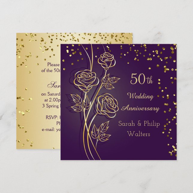 Goldene Rose auf lila, Konfetti 50 Jahre Jubiläum Einladung (Vorne/Hinten)