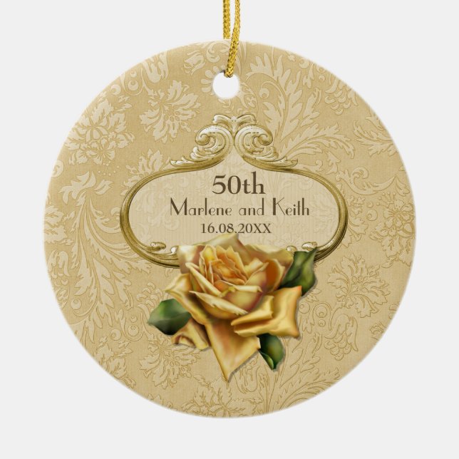 Goldene Rose Damask 50. Hochzeit A Keramik Ornament (Vorne)