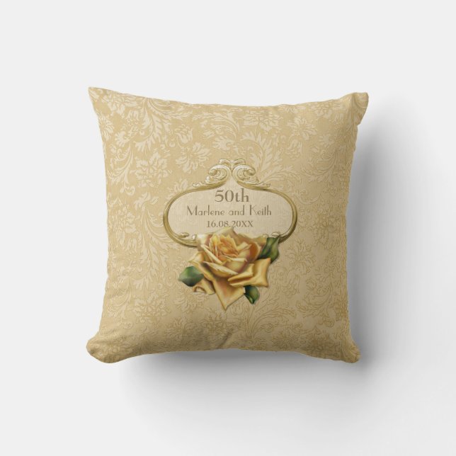 Goldene Rose Damask 50. Hochzeitspilze Kissen (Vorderseite)