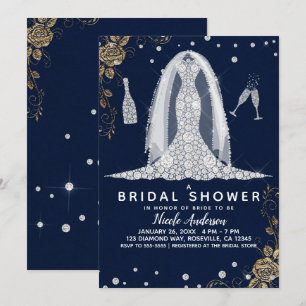 Goldene Rose Diamant Hochzeitskleid Braut Dusche B Einladung