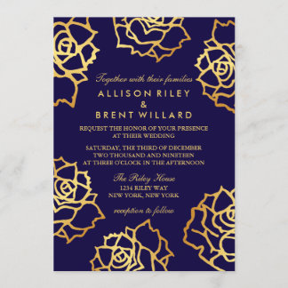 Goldene Rose Einladung Hochzeit - Blau