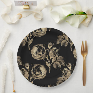 Goldene Rose   Elegante Gold Floral auf Schwarz Pappteller