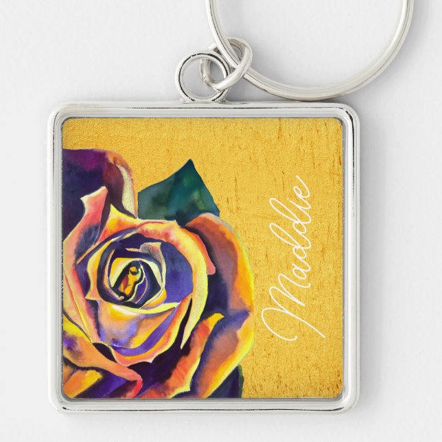 Goldene Rose Gotische Aquarellkunst Schlüsselanhänger (Vorne)