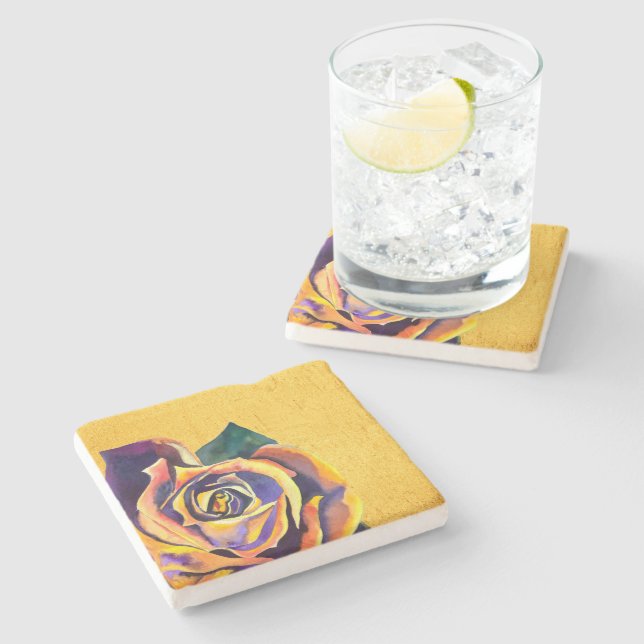 Goldene Rose Gotische Aquarellkunst Steinuntersetzer (Seitenansicht)