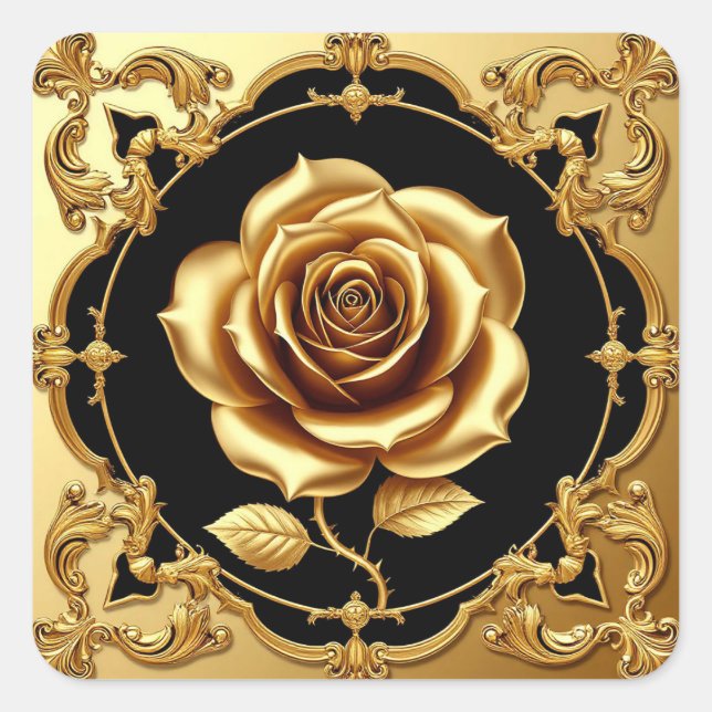 Goldene Rose Kunstwerk mit Verziertem Dekorationse Quadratischer Aufkleber (Vorderseite)