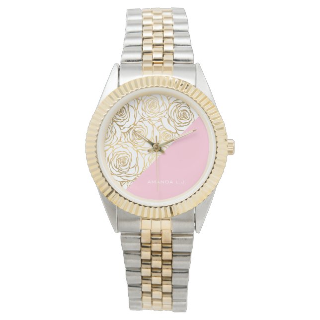 Goldene Rose mit Rosa Armbanduhr (Vorderseite)