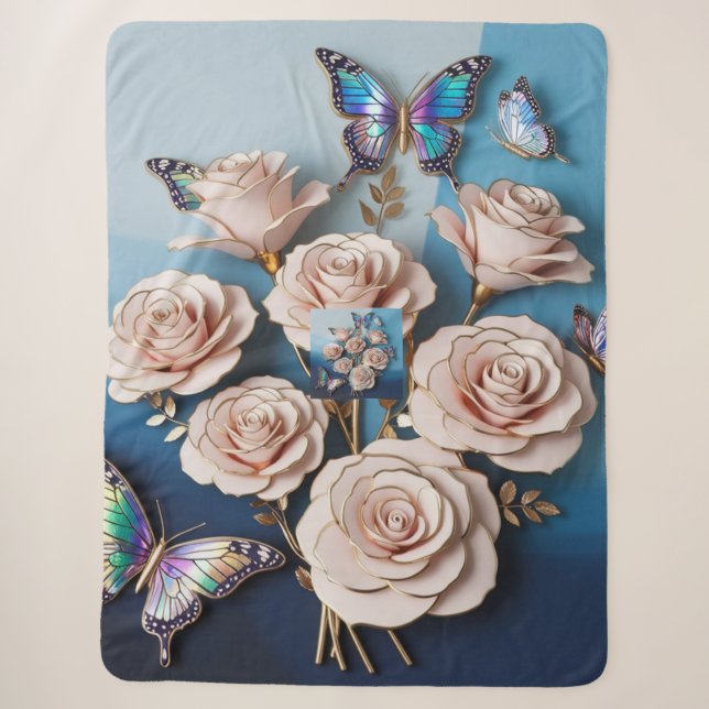 "Goldene Rose & Schmetterlinge in 3D: Eleganz auf  Sherpadecke (Vorderseite)