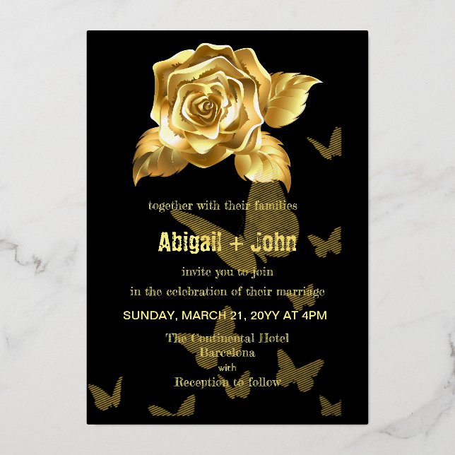 Goldene Rose-Schmetterlingshochzeit Folieneinladung (Vorderseite)