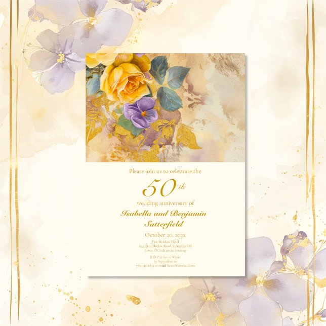 Goldene Rose und Violetten 50. Hochzeitstag Einladung (Gold Roses and Violets 50th Wedding Anniversary Invitation)