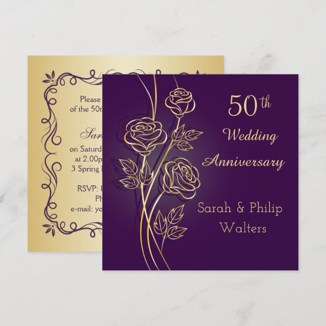 Goldene Rose zum lila 50. Jubiläum Einladung (Vorne/Hinten)