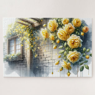 Goldene Rosen an der Wand eines rustikalen Steinco