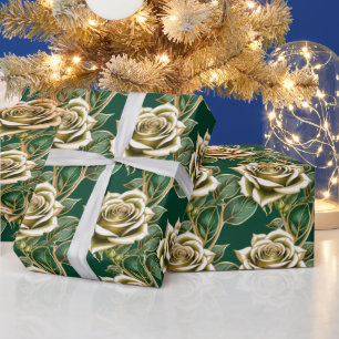 Goldene Rosen mit smaragdgrünen Blättern Geschenkpapier