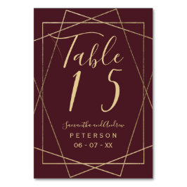 Goldene rote Bordeaux-Hochzeitstisch Tischnummer