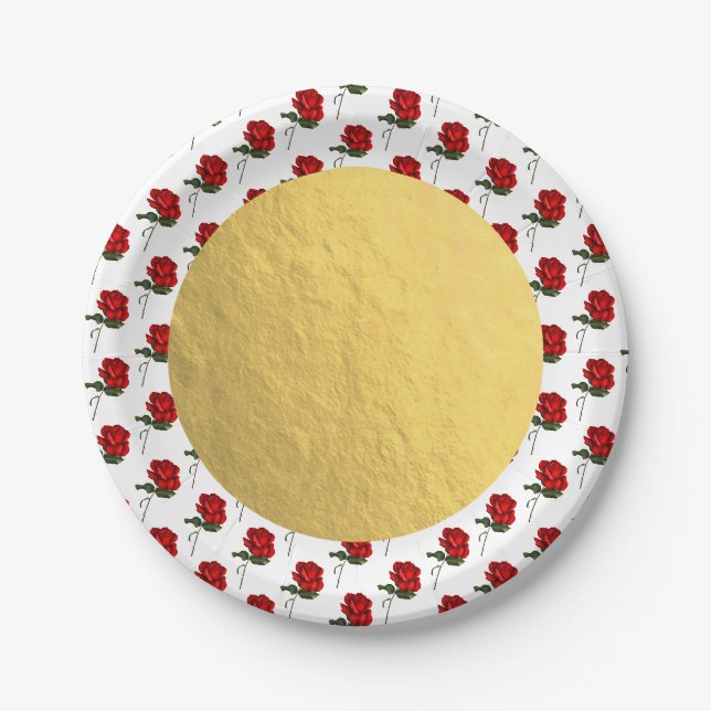 Goldene Rote Rosen Rose Elegante Blumenfeier Pappteller (Vorderseite)
