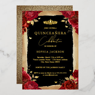 Goldene rote Rosen-Tiara-Spitze Quinceanera Geburt Folieneinladung