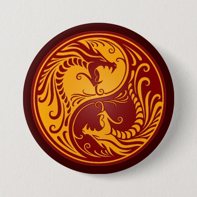 Goldene rote Yin Yang Drachen Button (Vorderseite)