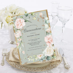 Goldene Salbeigrüne elegante florale Quinceañera Einladung