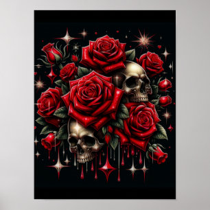 Goldene Schädel & Rote Rosen funkeln Gothic Glamou Poster