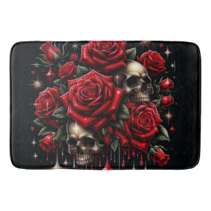 Goldene Schädel und rote Rosen funkeln Gothic-Glam Badematte