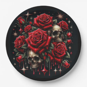 Goldene Schädel und rote Rosen funkeln gothic Glam Pappteller