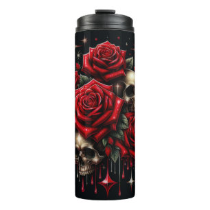 Goldene Schädel und rote Rosen funkeln Gothic-Glam Thermosbecher