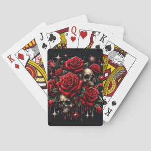 Goldene Schädel und rote Rosen funkeln gotischen G Spielkarten