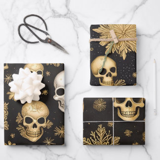 Goldene Schädel und Schneeflocken Gotische Weihnac Geschenkpapier Set