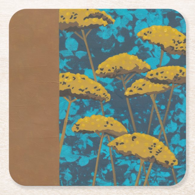 Goldene Schafgarbe-Garten mit blauem Hintergrund Rechteckiger Pappuntersetzer (Vorderseite)
