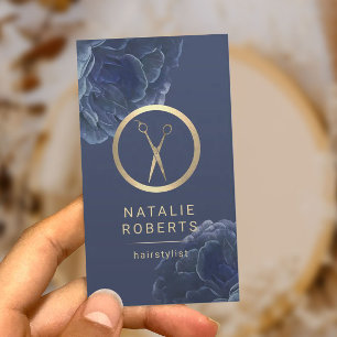 Goldene Schere Vintage Blaue Blumige Haarstylistin Visitenkarte
