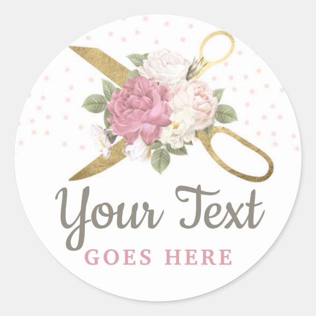 Goldene Scheren & Shabby Chic Rose Runder Aufkleber (Vorderseite)