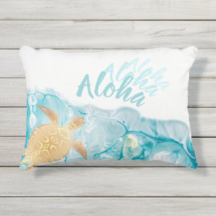 Goldene Schildkröten Blaue Tinte Aloha Text  Kissen Für Draußen